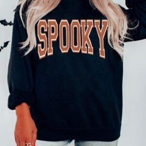 Black Spooky Graphic Drop Shoulder Halloween Pullover Sweatshirt
