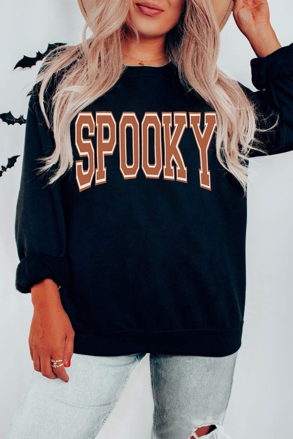 Black Spooky Graphic Drop Shoulder Halloween Pullover Sweatshirt