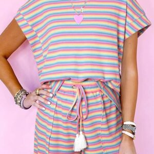 Pink Stripe Crew Neck Tee And Tasseled Drawstring Shorts Set
