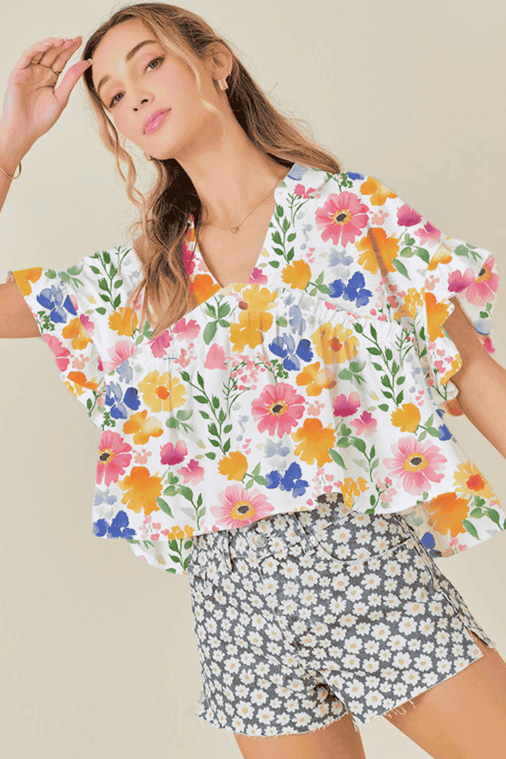 Yellow Floral Boxy Fit Ruffled Short Sleeve V Neck Blouse