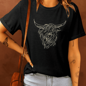Black Western Bull Head Embroidered Pattern T Shirt