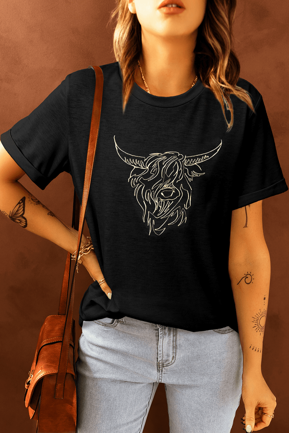 Black Western Bull Head Embroidered Pattern T Shirt