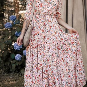 Red Boho Half Sleeve Floral V Neck Maxi Dress