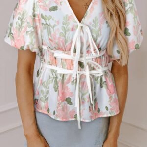 Pink Floral Puff Sleeve V Neck Tied Front Peplum Blouse