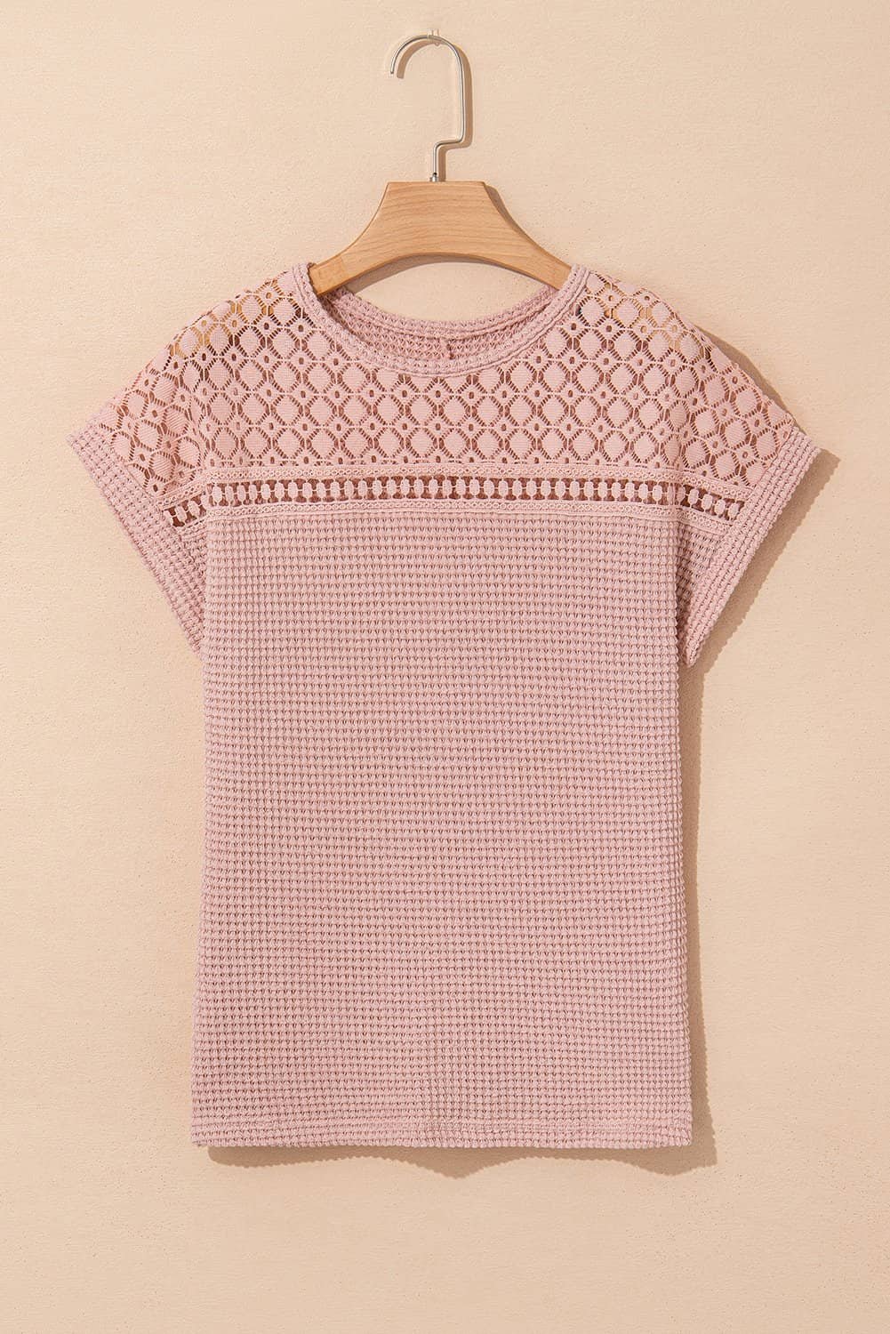 Light Pink Lace Patchwork Waffle Short Sleeve Top