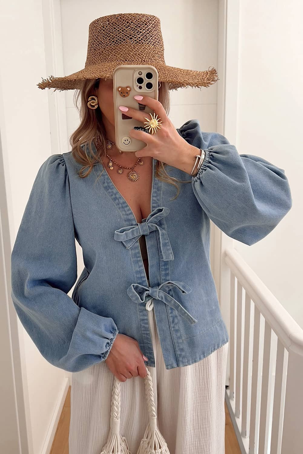 Dusk Blue Tied Front Long Puff Sleeve Denim Top