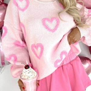 Pink Heart Shape Bubble Sleeve Baggy Sweater