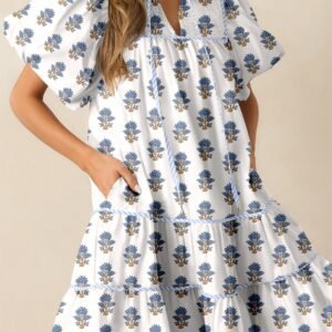 Sky Blue Floral Puff Sleeve Tied Neck Pocketed Mini Dress
