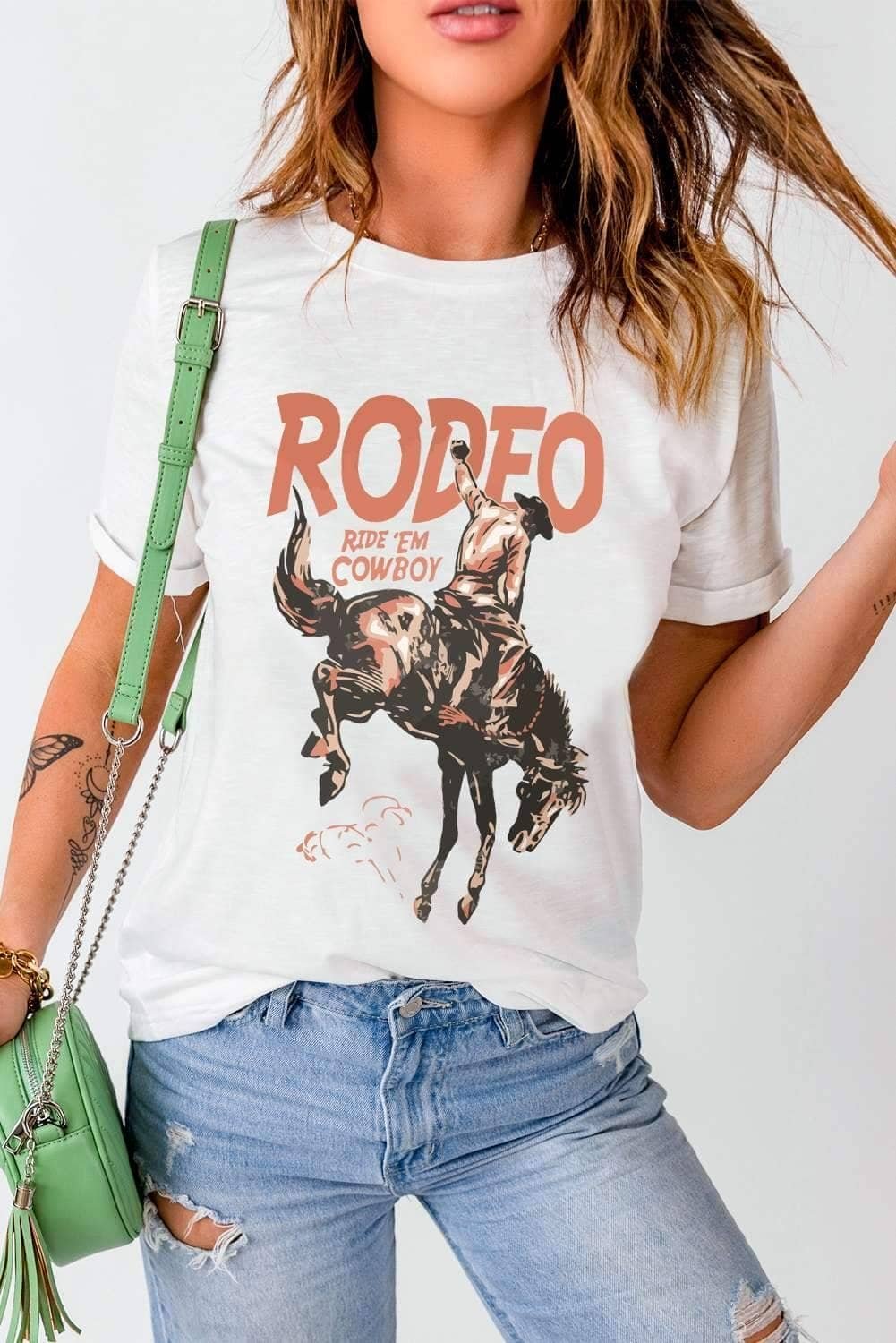White Rodeo Cowboy Graphic Crewneck T Shirt