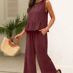 Red Dahlia Solid Color Ribbed Ruffle Tank Top And Pants Set