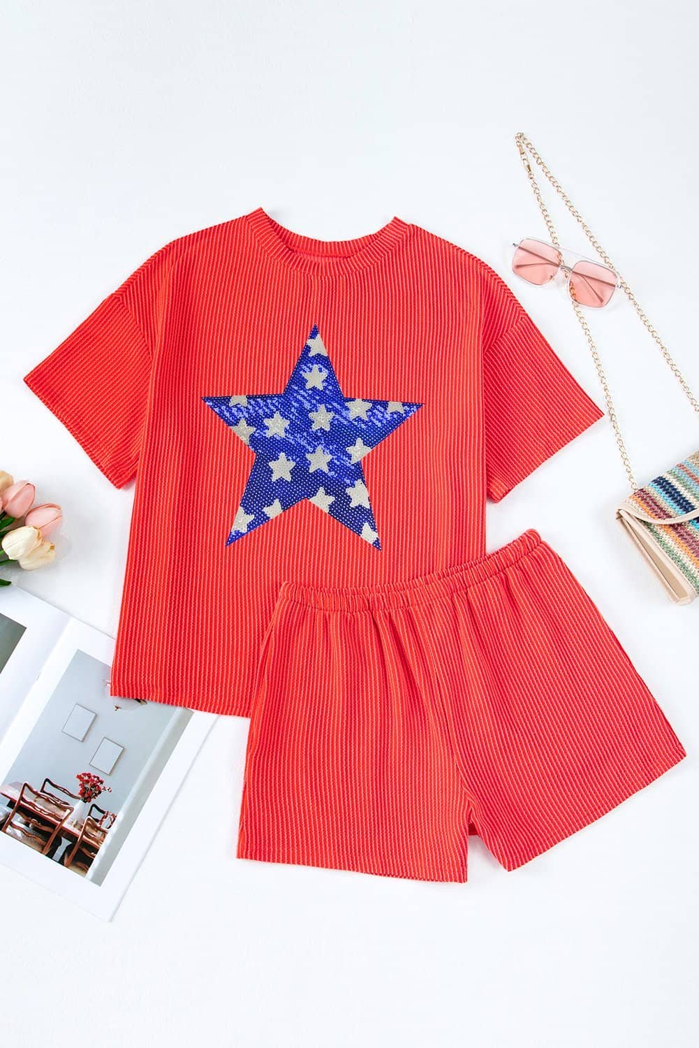 Orange Sequined July 4Th Star Graphic Twist Ribbed Short 2Pcs Outfit
