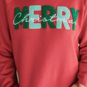 Fiery Red Chenille Merry Christmas Raglan Sleeve Sweatshirt