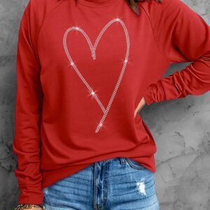 Fiery Red Rhinestone Heart Shaped Long Sleeve Sweatshirt