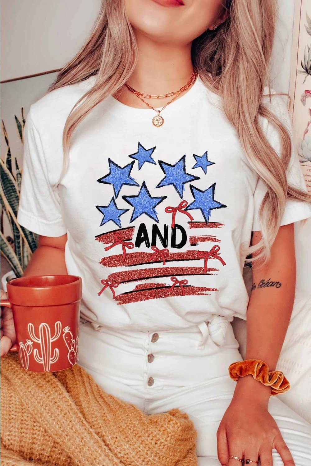 White Stars And Stripes Bow Graphic T Shirt