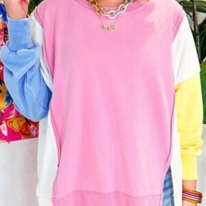 Bonbon Color Block Exposed Seam Side Slits Crewneck Sweatshirt