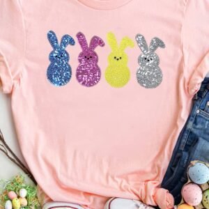 Pink Sequin Cute Bunny Graphic Easter Fashion Tee