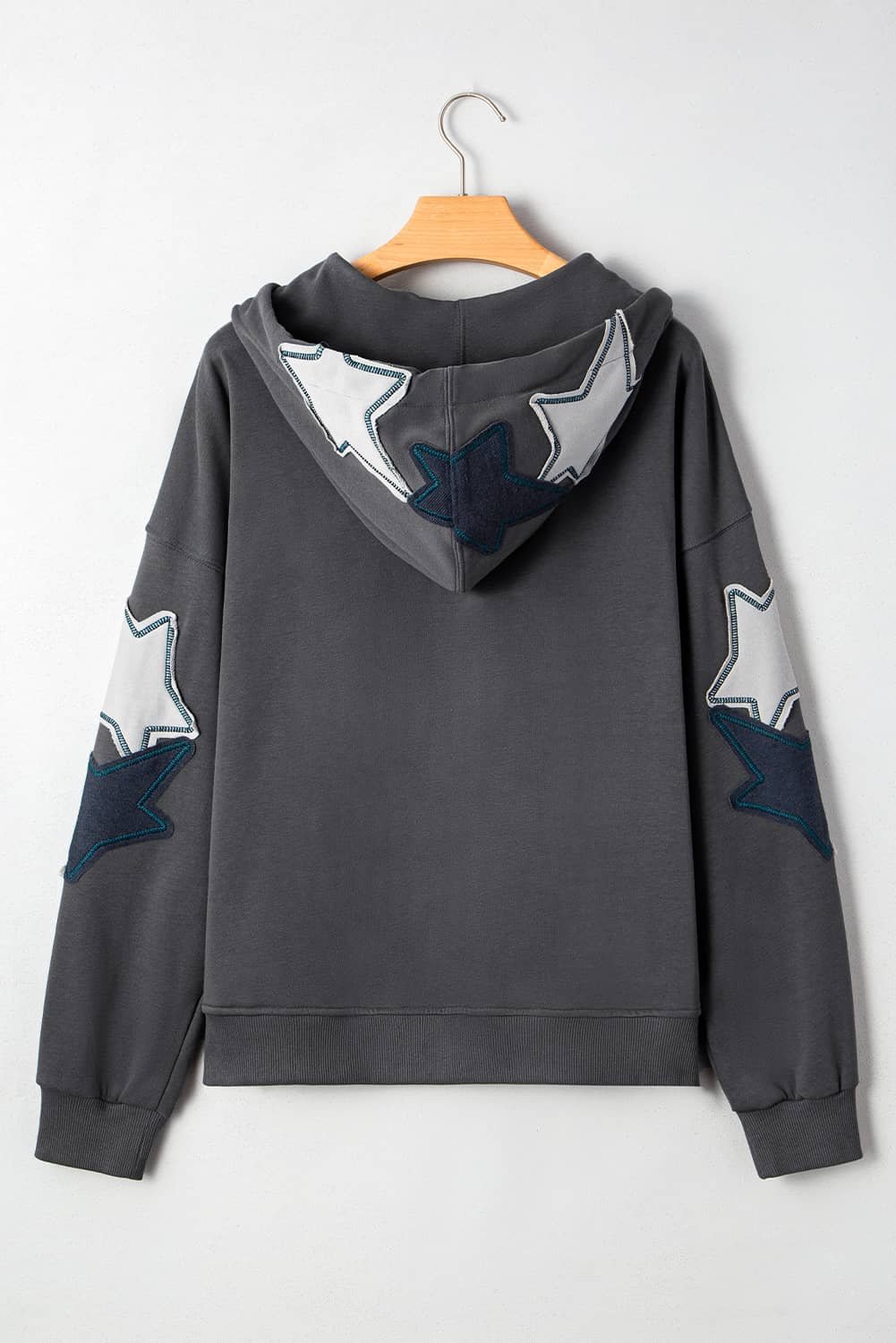 Carbon Grey Star Patchwork Contrast Stitching Mineral Wash Kangaroo Pocket Vintage Hoodie