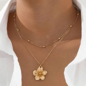 Gold Flower Pendant Beaded Double Chain Plated Necklace