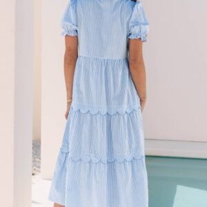 Sky Blue Stripe Bubble Short Sleeve Tiered Scallop Long Dress