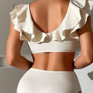 Beige Textured Ruffled Square Neck High Waist Swimsuit
