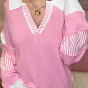 Pink Contrasting Polo Collar Color Block Knit Drop Shoulder Sweater