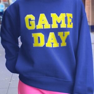 Dark Blue Game Day Crew Neck Graphic Pullover Sweatshirt