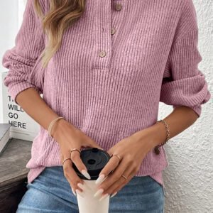 Pink Ribbed Texture Drop Shoulder Henley Knit Top
