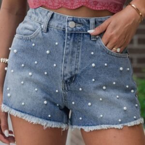 Dusk Blue Pearl Beaded Raw Hem Medium Wash Denim Shorts
