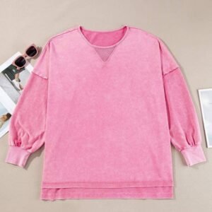 Pink Plus Size Mineral Wash Drop Shoulder Round Neck Sweatshirt