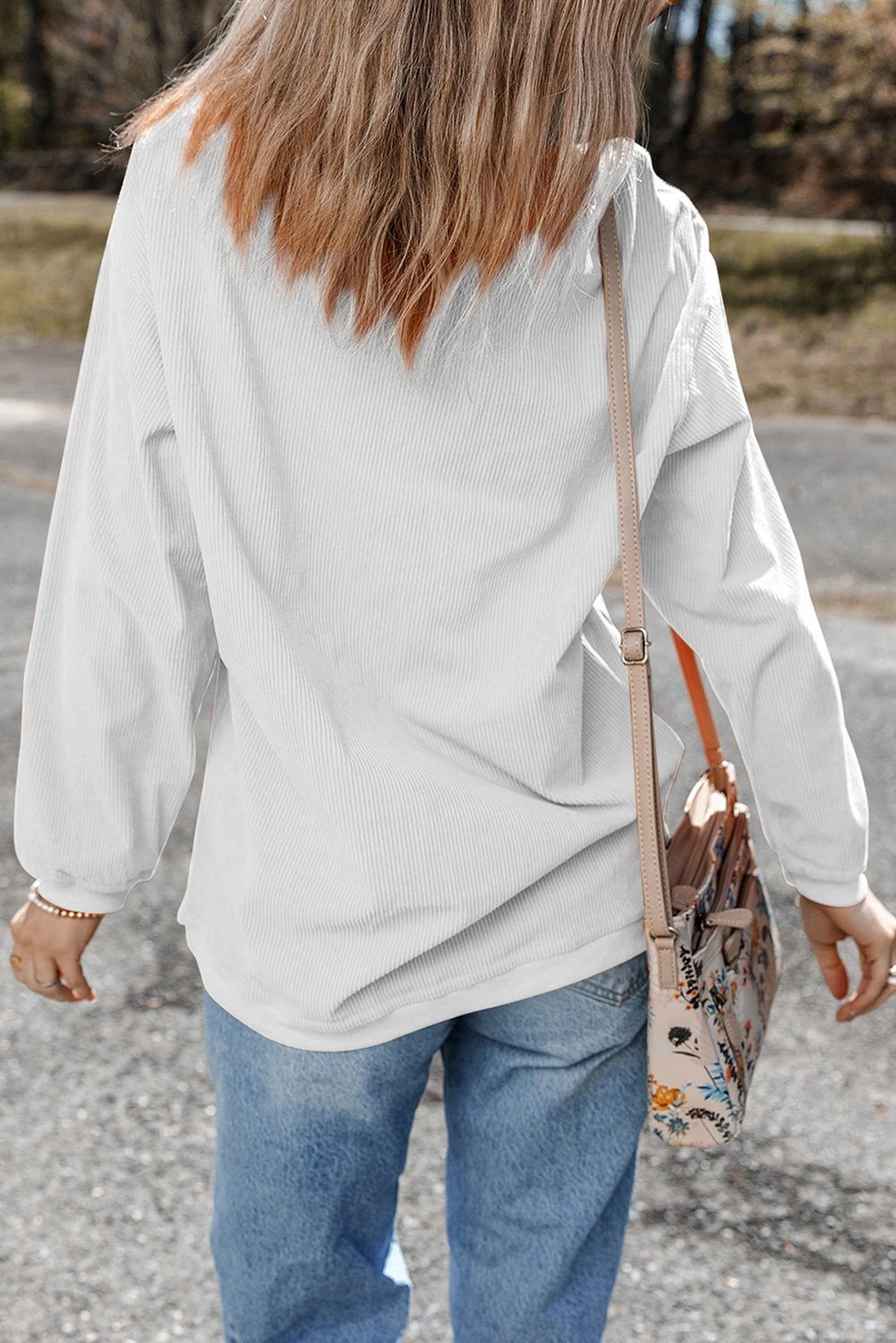 White Mama Bowknot Embroidered Ribbed Pullover Sweatshirt