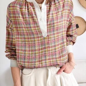 Pink Colorblock Plaid Patchwork Henley Blouse