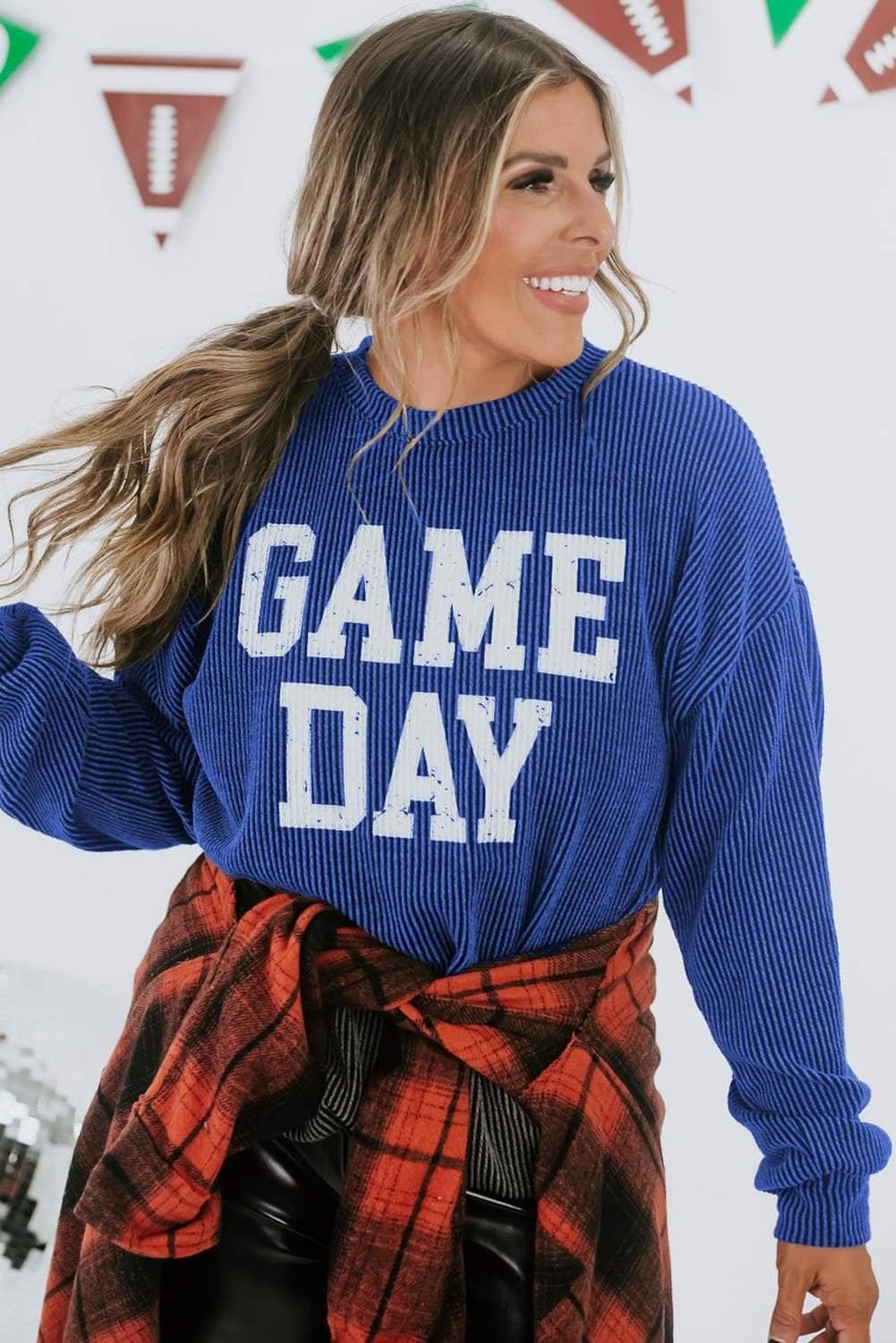 Bluing Corded Game Day Graphic Long Sleeve Crewneck Top