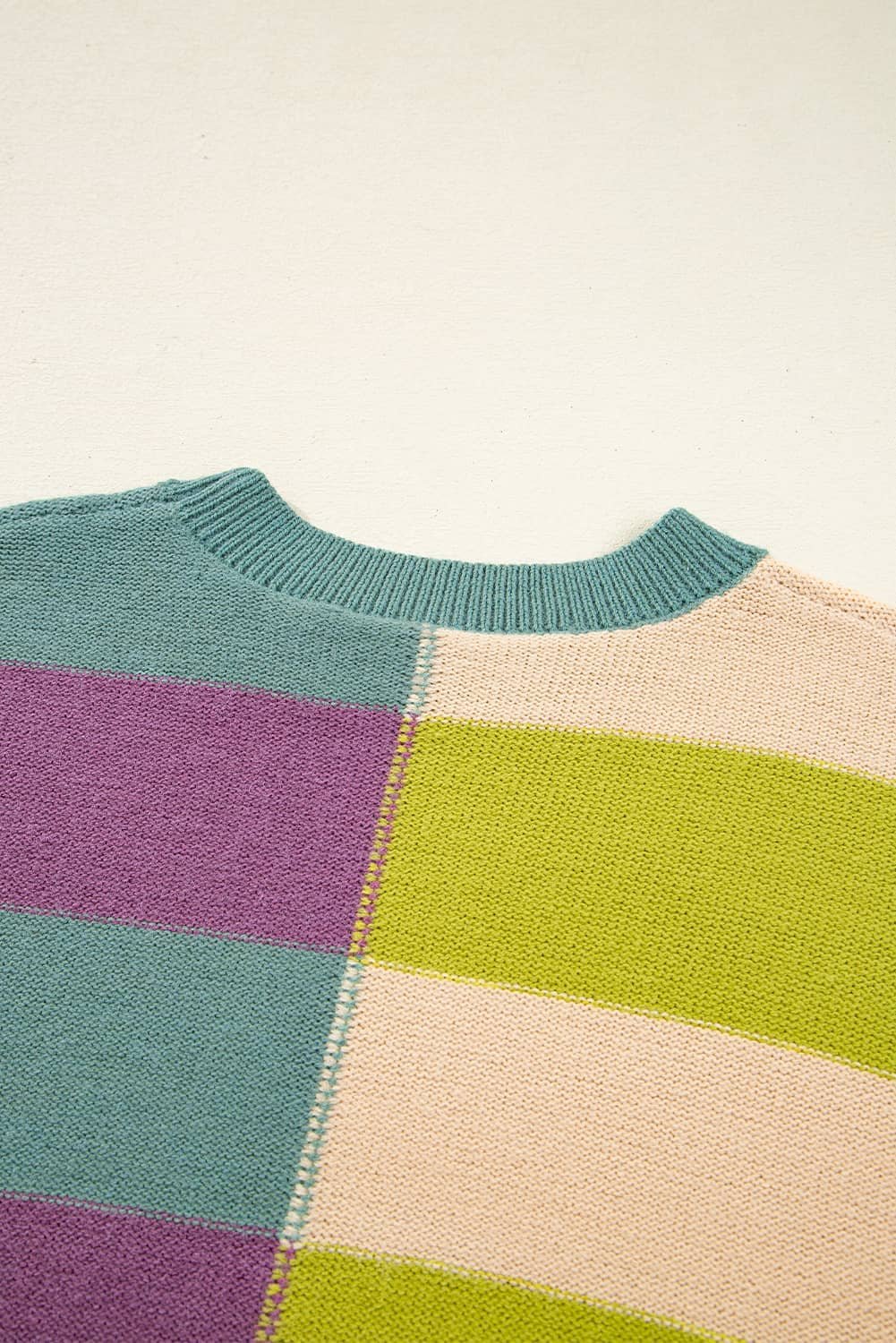 Green Stripe Drop Shoulder Ribbed Edge Casual Sweater