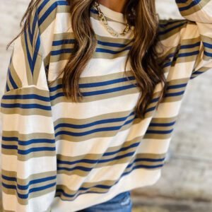 Khaki Stripe Crew Neck Drop Shoulder Pullover Sweatshirt