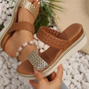 Gold Braided Dual Band Pu Leather Wedge Slippers