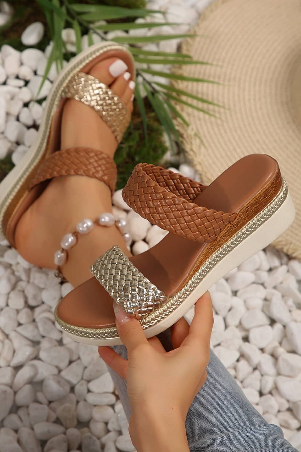 Gold Braided Dual Band Pu Leather Wedge Slippers