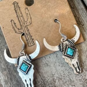 Silver Turquoise Bull Head Western Fashion Earrings