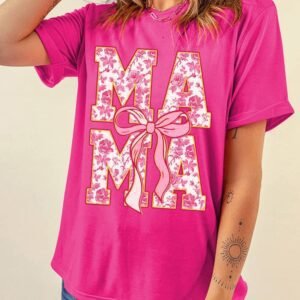 Rose Red Floral Mama Lettering Bow Print T Shirt