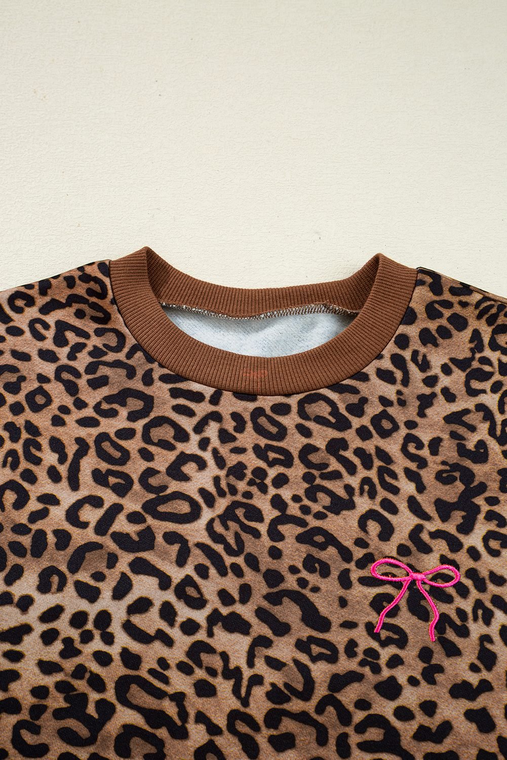 Coffee Leopard Print Contrast Trim Long Sleeve Top And Pants Set