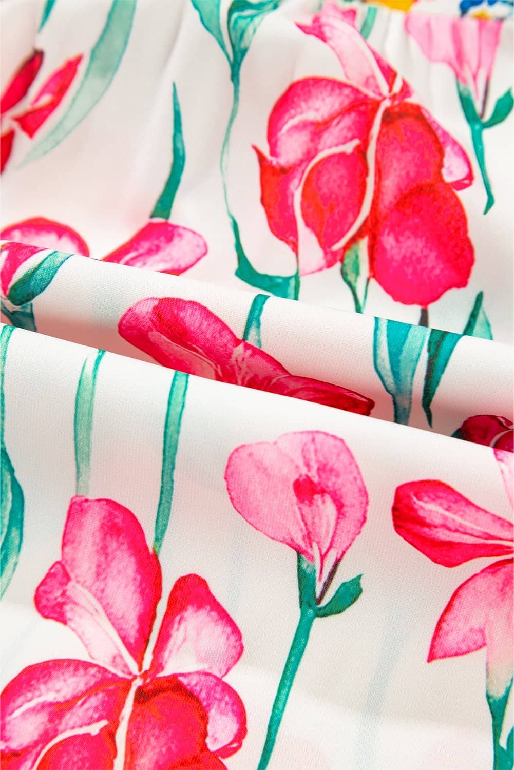 Pink Floral Print Striped Detail Split Neck Short Sleeve Blouse