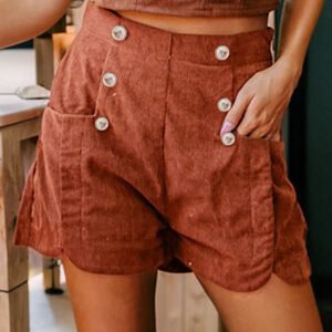 Clay Button Decor Scalloped Edge High Waist Corduroy Shorts