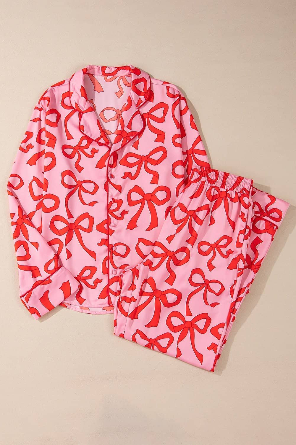 Pink 2Pcs Bow Print Shirt Style Long Sleeve Pajama Set