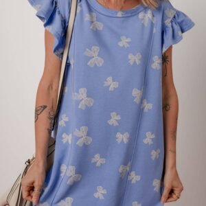 Sky Blue Bow Knot Print Crewneck Ruffled Sleeve Shift Mini Dress