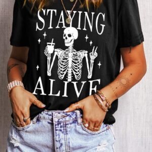 Black Staying Alive Funny Skeleton Print Round Neck T Shirt