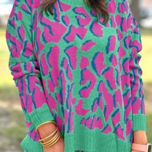 Green Abstract Print Ribbed Trim Baggy Sweater