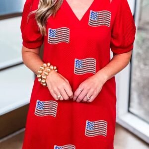 Fiery Red Sequin American Flag Patched Polo Collar Textured T Shirt Dress