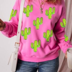 Bonbon Sequined Cactus Pattern Crewneck Pullover Sweatshirt