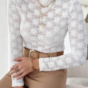 White Floral Lace High Neck Long Sleeve Top
