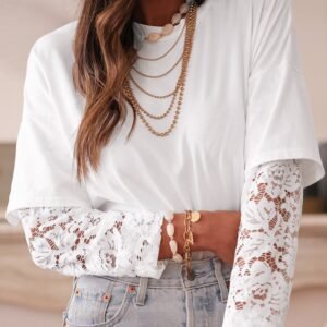 White Lace Long Sleeve Insert Drop Shoulder Tee