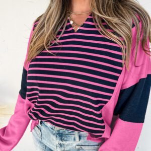 Pink Stripe Color Block V Neck Loose Fit Long Sleeve Top